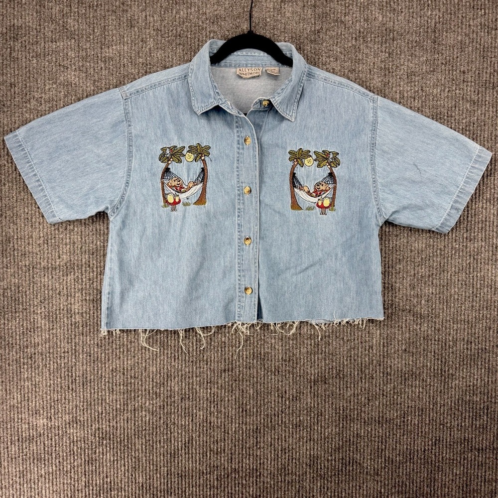 Vintage Allyson Whitmore tropical hammock embroidered denim crop shirt raw hem M